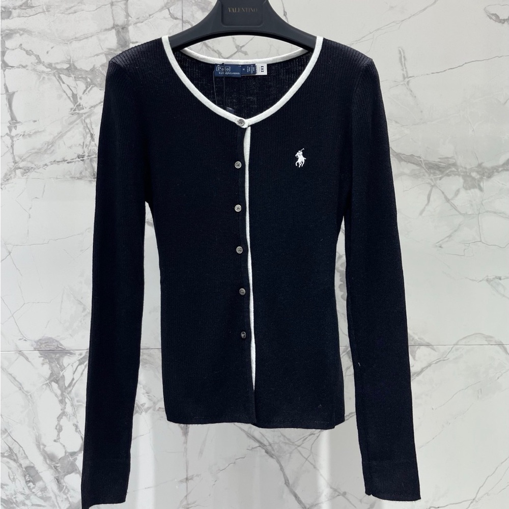 Polo by Ralph Lauren Black Button-Up Cardigan with White Trim